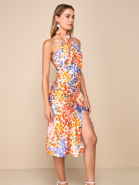 Lulus Dresses & Skirts - Lulus Bold Presence Orange Multi Floral Satin Halter Midi Dress - Size XL